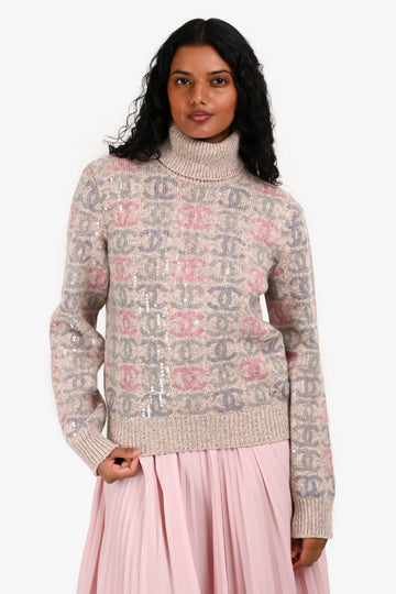 Chanel 2022 Pink Wool CC Logo Sequin Turtleneck Sweater Size 36