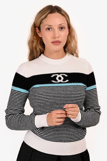 Chanel 2022 White/Black Striped Blue CC Sweater Size 36