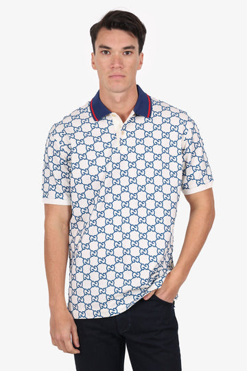 Gucci Blue/White Cotton GG Stretch Polo Size XXL Mens