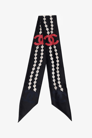 Chanel Black Silk Pearl CC Bandeau Scarf