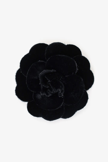Chanel Black Velvet Camellia Flower Brooch