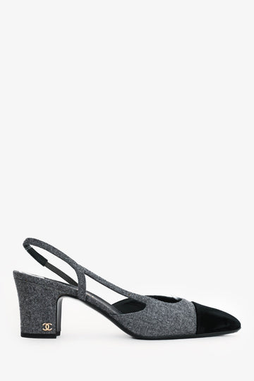Chanel Grey/Black Wool/Velvet Slingbacks Size 40