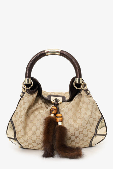 Gucci Beige/Metallic Brown GG Canvas/Leather Small Mink Indy Hobo With Strap