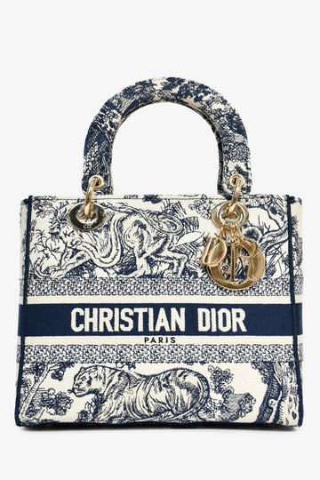 Christian Dior 2022 Navy/White Jacquard D-Lite Medium Top Handle with Strap