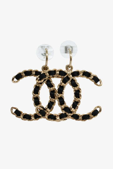 Chanel Gold Toned Black Woven CC Drop Earrings