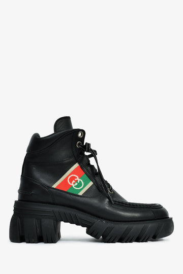 Gucci Black Leather Lace-Up Combat Boots Size 39