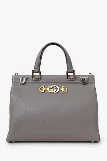 Gucci Grey Grained Leather Interlocking G Horsebit Zumi Medium Tote with Strap