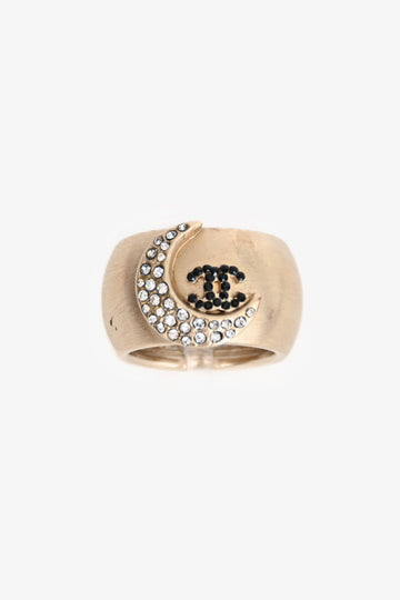 Chanel Gold Tone Metal Crystal Embellished Star Moon CC Ring