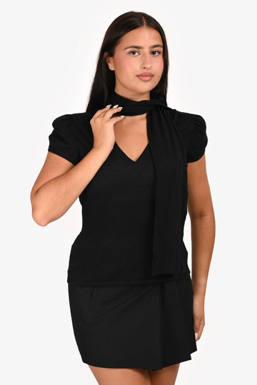 Chanel 2007 Black Cashmere/Silk Short Sleeve Tie Detail Top Size 42