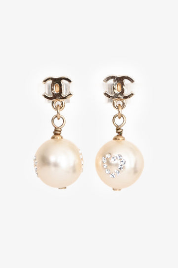Chanel Faux Pearl Heart Bead Earrings