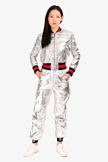 Chanel Silver Calfskin CC Button Jogger Pants Size 34