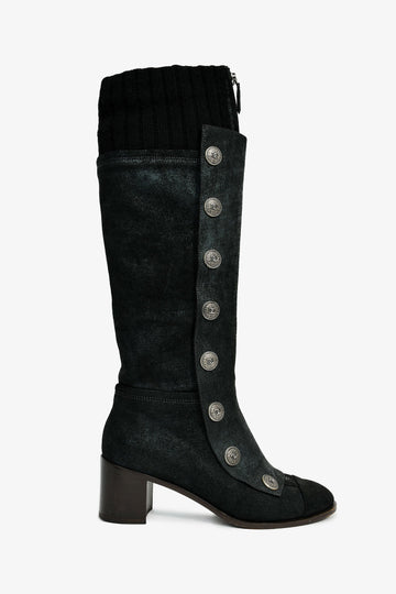 Chanel Grey/Black Nubuck/Knit Button Knee High Boots Size 38