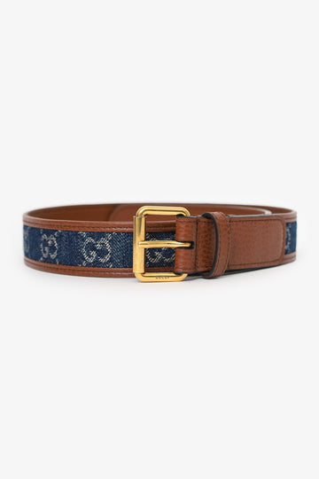 Gucci Blue/Brown GG Denim Leather Trim Embellishment Belt Size 65