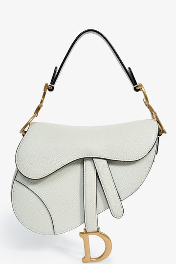 Christian Dior 2021 White Grained Leather Mini Saddle Bag