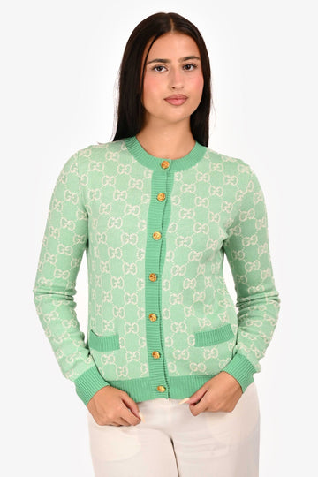 Gucci Green/White Wool/Cotton Supreme Cardigan Size S
