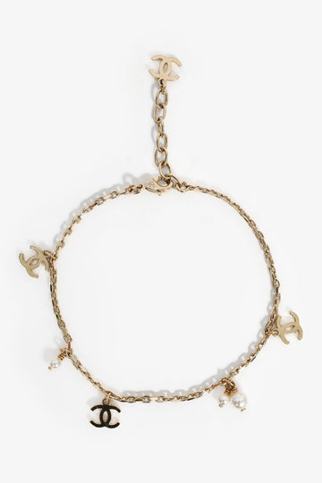 Chanel Gold Toned CC Charm Faux Pearl Anklet
