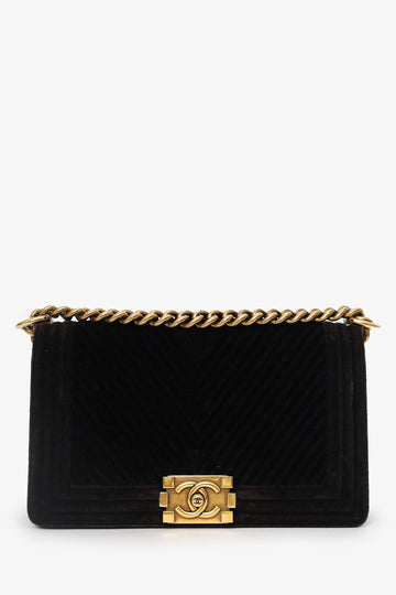 Chanel 2017 Black/Brown Velvet Medium Chevron Boy New 1:1 Bags