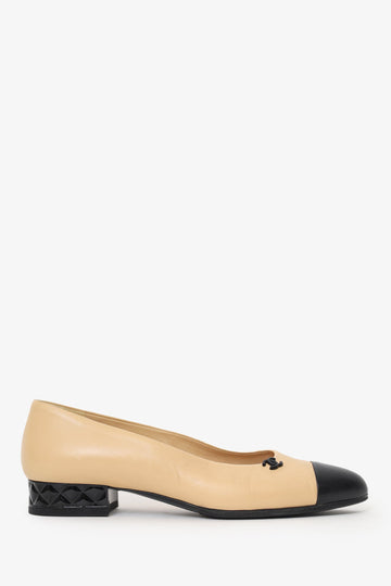 Chanel Beige/Black Leather Cap Toe CC Flat Size 36