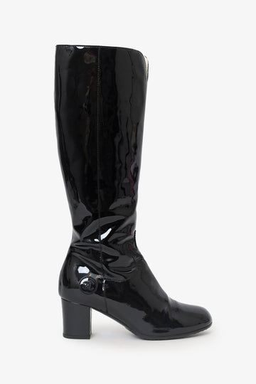 Chanel Black Patent Leather Fur Lining Knee High Boots Size 37.5