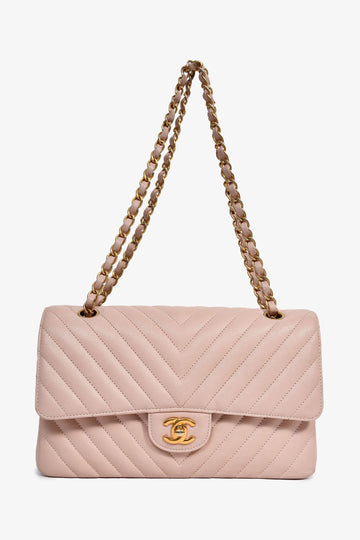 Chanel 2016-17 Pink Calfskin Chevron Medium Double Flap Shoulder New 1:1 Bags