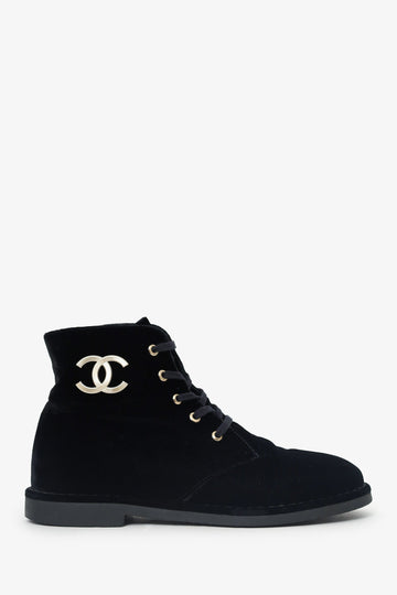 Chanel Black Velvet Interlocking CC Logo Combat Boots Size 38.5