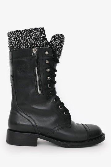 Chanel 2011 Black Leather CC Knit Cuff Combat Boots Size 37