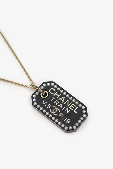 Chanel Black Plastic Coco Chanel Pearl Tag Necklace