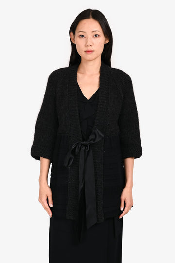 Chanel Black Alpaca/Wool Logo Tie Cardigan Size 42
