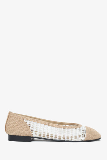 Chanel White/Brown Raffia CC Cap Toe Ballerina Flats Size 37.5