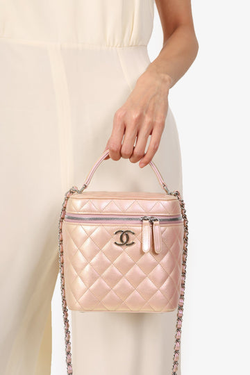 Chanel 2022 Pink Iridescent Leather Vanity Case With Strap
