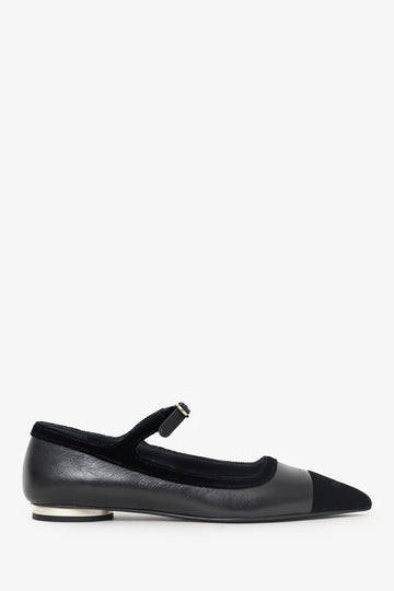 Chanel Black Leather/Velvet Mary-Jane Pointed-Toe Flats Size 36.5