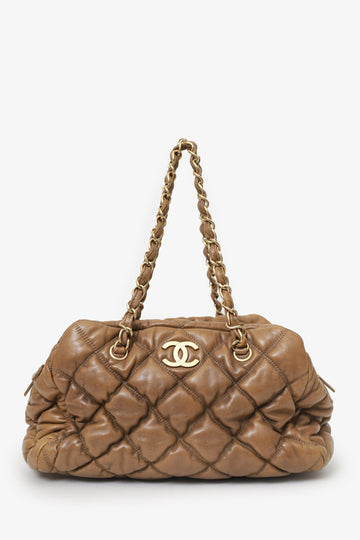 Chanel 2006-08 Beige Lambskin Bubble Quilt Bowling New 1:1 Bags