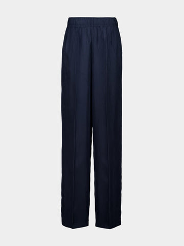 Navy Blue Straight-Fit Silk Pants