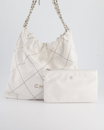 Chanel 22 Bag in White Aged Leather with Silver Hardware and Contrast Stitch Detail