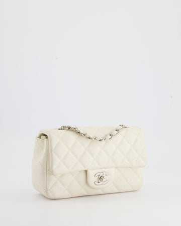 Chanel White Pearlescent Leather Mini Rectangular Single Flap Bag with Silver Hardware