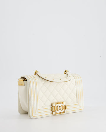 Chanel White and Gold Small Top Handle Boy Bag in Leather Leather with Brushed Gold Hardware