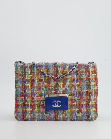 Chanel Multi-Colour Tweed Flap Bag with Electric Blue Leather Detail and Silver Hardware