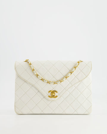 Chanel  White Quilted Leather Single Flap Bag with 24k Gold Hardware