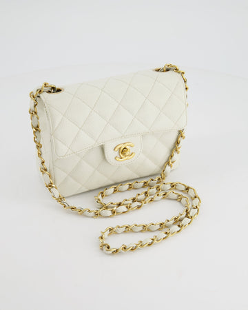 Chanel  White Leather Mini Square Flap Bag with 24K Gold Hardware