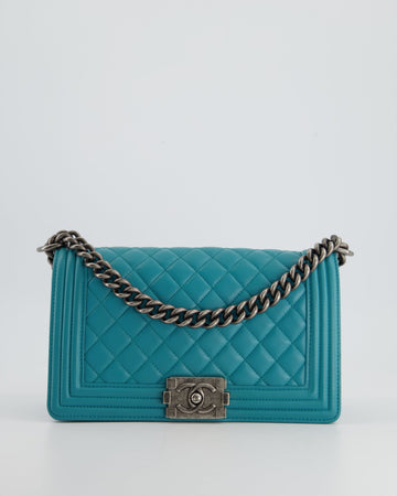 *FIR PRICE* Chanel Teal Blue Medium Boy Bag in Leather Leather with Ruthenium Hardware