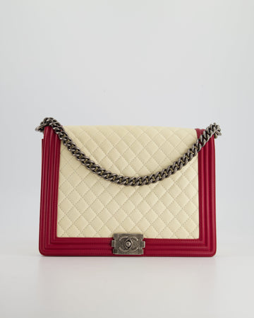Chanel Cream and Red Large Boy Bag in Leather Leather with Ruthenium Hardware