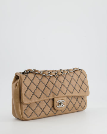 Chanel Beige East West Single Flap Bag in Leather Leather with Silver Quilted Chain Detail