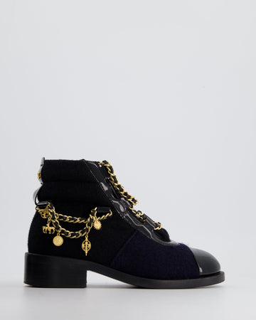 Chanel Navy, Black Wool and  Ankle Boot with Brushed Gold Charm Chain Detail Size EU 35