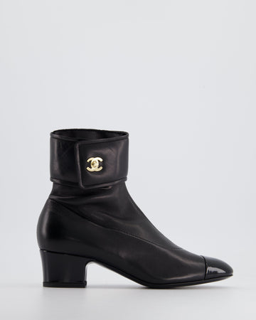 Chanel Black Leather Ankle Boots with  Toe and Champagne Gold CC Logo Detail Size EU 35.5C