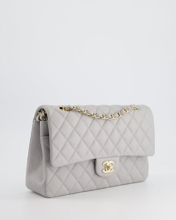 Chanel Medium Dove Grey Classic Double Flap in Leather Leather with Champagne Gold Hardware
