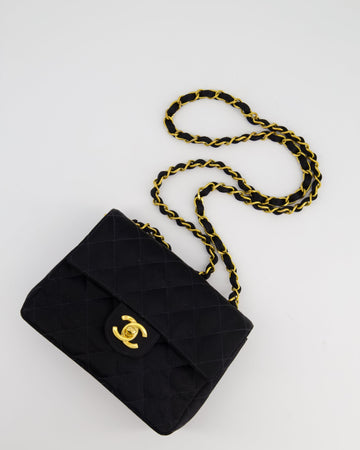 Chanel  Satin Black Mini Square Flap Bag with 24K Gold Hardware
