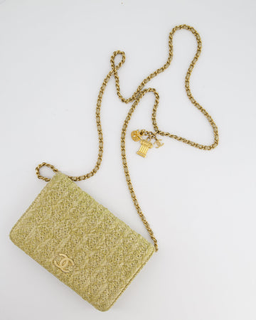 Chanel Raffia Wallet on Chain Bag in Gold Leather with Gold Hardware and Charm Detail