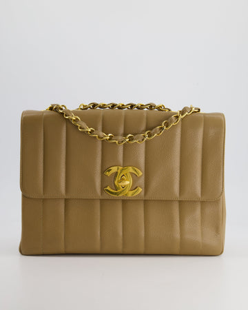 * Chanel Caramel Jumbo Mademoiselle Leather Flap Bag with Vertical Stitch Detail & 24K Gold Hardware