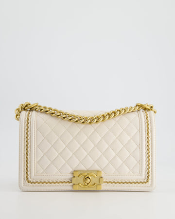 Chanel 17P White Medium Boy Bag in Leather Leather with Brushed Gold Hardware and Gold Chain Detail