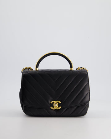 Chanel Black Top Handle Flap Bag in Chevron Leather with Antique Gold Hardware